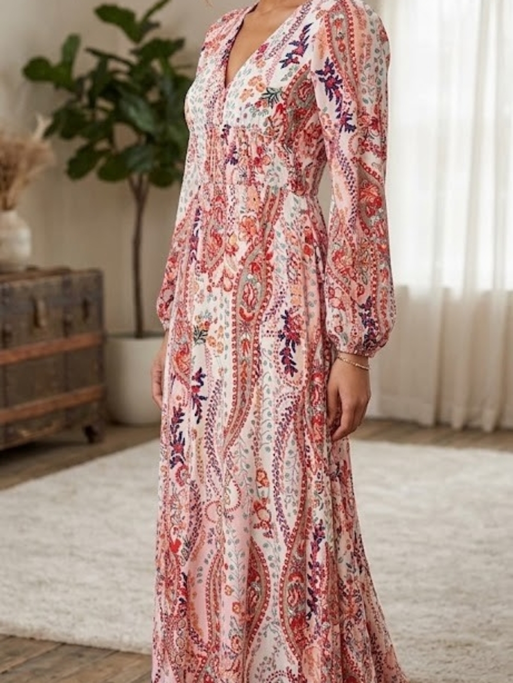 Paisley Print Maxi Dress in Pink - Elegant V-Neck Long Sleeve